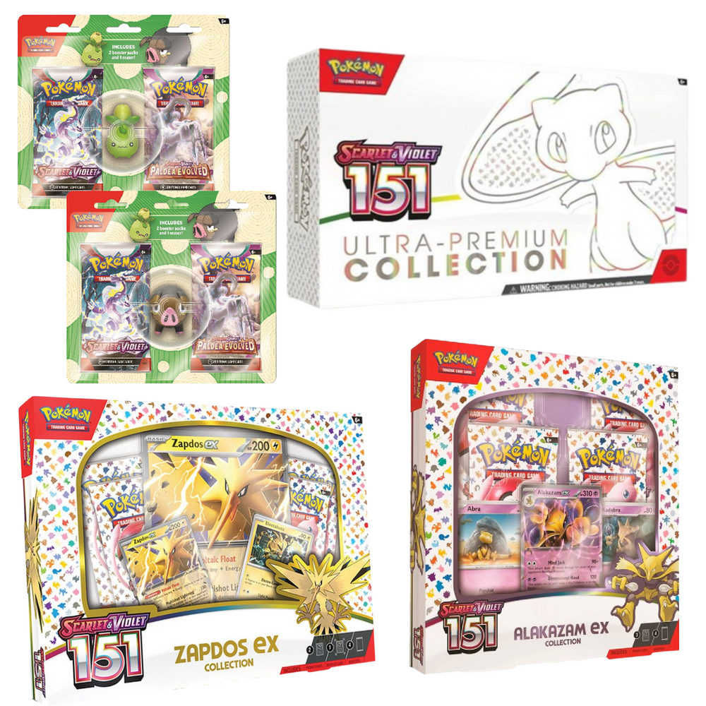 Pokemon 151 Bundle - UPC, Zapdos, Alakazam + 2 Back to School Erasers